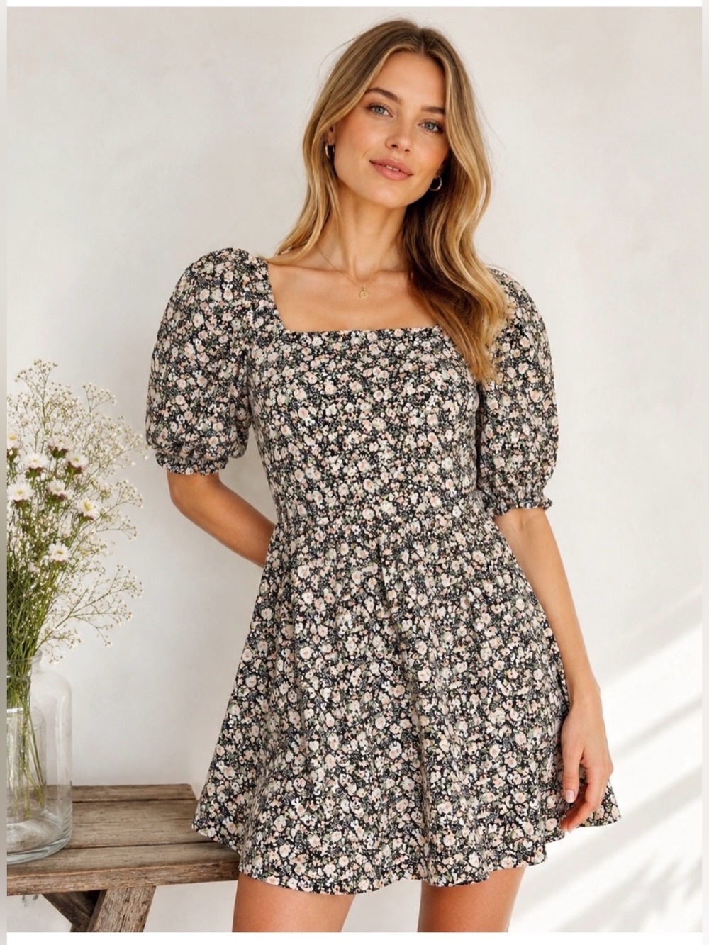 Levi's Floral Puff Sleeve Mini Dress Cottagecore Square Neck 100% Cotton L